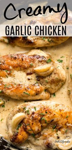 creamy garlic chicken in a skillet with lemons and parsley on the side