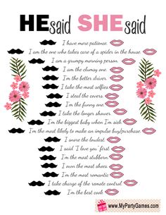 a poem that says he said she said with pink flowers and black mustaches on it