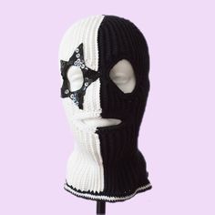 New collection of two-color crocheted women's and men's balaclavas made of cotton yarn with 3 holes. Ski mask black color #53 and white #01 matching the color chart in the last image. Black star embroidered by hand with sequins. Individual and skillful handmade, preserving the uniqueness of each piece. I invite you to check out the new collection. Want a hat in a different color or style, email me before ordering, I will knit to order the model you need. Size:  M- 22" - 22 3/8" (55.9 cm-56.8 cm) Ski Mask Women, Ski Mask Crochet, Best Friend 30th Birthday Gift, Best Friend 30th Birthday, Black White Crochet, Balaclava Ski Mask, Crochet Balaclava, 30th Birthday Gift, Hat Styles