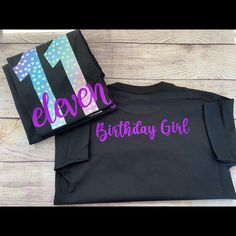 11th Birthday Birthday Girl Shirt Casual Purple T-shirt For Birthday, Casual Purple Birthday T-shirt, Black T-shirt With Name Print For Birthday Gift, Black Letter Print T-shirt For Birthday Gift, Black Letter Print T-shirt For Birthday, Purple Crew Neck T-shirt For Birthday, Black Top With Text Print For Birthday, Black Tops With Text Print For Birthday, Black T-shirt With Name Print For Birthday