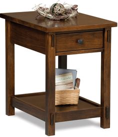 a small wooden table with a basket on it's top and one drawer open