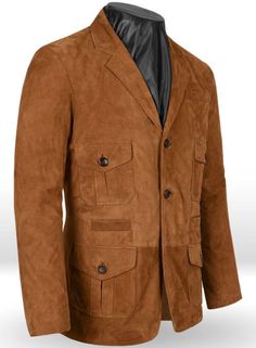 Men's Notch Lapel Brown Suede Trucker Jacket | Handmade Real Leather Blazer Jacket With Multiple Pockets Specification Material: Suede Leather Lining: Soft Lining Sleeves: Full Sleeves Closure: Button Color: Brown Pockets: Multiple Mens Leather Blazer, Brown Chinos, Leather Jackets Online, Slim Blazer, Suede Blazer, Leather Blazer Jacket, Men Suede, Leather Jeans, Brown Jacket