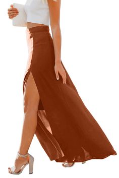 Orange Drop Dead Gorgeous Maxi Skirt Brown Solid Color Long Skirt, Chic Solid Color Bottoms With Split Design, Chic Full-length Brown Skirt, Chic Full Length Brown Skirt, Brown Full Length Skirt For Spring, Brown Full-length Skirt For Spring, Spring Full Length Brown Skirt, Chic Brown Full-length Skirt, Chic Full-length Maxi Skirt For Beach