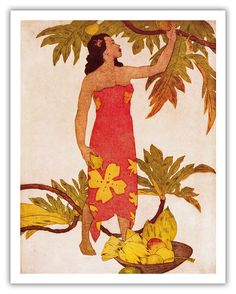 a painting of a woman in a red dress picking fruit from a tree with yellow flowers