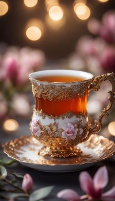 a tea cup and saucer sitting on top of a table next to pink flowers