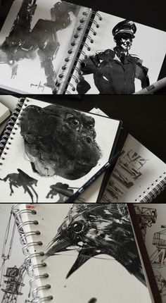 three different pictures of people and animals in black and white, each with an animal's head drawn on it