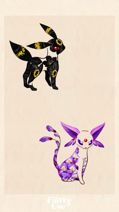 two different types of cats with yellow and purple colors on their bodies, one is black and the other is white