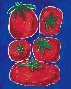 a drawing of four tomatoes on a blue background