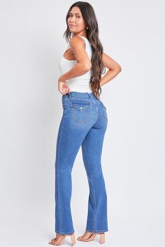 Give your old jeans the boot and scoot into our Women’s Mid-Rise Bootcut Jeans. Constructed with midweight stretchy denim, this stylish mid-waisted jean is fitted from the hip through the thigh and flares out slightly from knee to hem for a dreamy bootcut silhouette. Detailed with a classic five-pocket construction, a zip fly with button closure, and the cutest flap back pockets with snap buttons. Style with your favorite fitted top and sassiest boots for a look that’ll make a statement. Product Stretch Flare Jeans In Medium Wash, Mid Rise Bootcut Jeans, Mid Waist Jeans, Ymi Jeans, Blue C, Midnight Sky, Old Jeans, Fitted Top, Denim Fabric