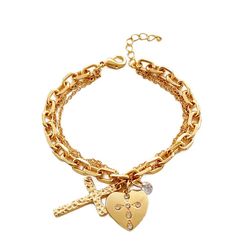 ✨ Timeless Design: Gold-plated cross and heart pendant bracelet crafted from alloy, iron, and zircon for enduring elegance. 🌟 Quality Craftsmanship: Thickened plating process ensures resistance to fading, maintaining its lustrous shine over time. 💎 Chic Embellishments: Cross and love shapes adorned with glass, creating a relaxed, calm, and high-level aesthetic. 🌿 Elegantly Effortless: Achieve an air of lazy elegance with a 3cm pendant and an 18cm size, offering a quiet sophistication. 🌈 Skin Elegant Cross Jewelry In Metal, Elegant Metal Cross Jewelry, Elegant Cross-shaped Metal Jewelry, Valentine's Day Alloy Charm Bracelet Gift, Valentine's Day Gift Alloy Charm Bracelet, Valentine's Day Alloy Charm Bracelet, Elegant Gold Charm Bracelet For Gifting, Gold Metal Cross Jewelry, Elegant Gold Charm Bracelet Gift