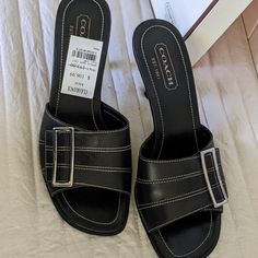 New In Box! Classic Coach Sandals For Summer, Classic Coach Closed Toe Heels, Classic Coach Closed-toe Heels, Chic Slip-on Coach Heels, Classic Coach Heels For Spring, Chic Coach Slip-on Heels, Chic White Coach Heels, Coach Black Heels For Spring, Coach Heels