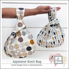 two japanese knot bags are shown in front of a white background with the words, fresh designs from a wyoming farm