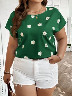 Plus Size Chrysanthemum Printed Vacation Casual Batwing Sleeve Shirt Green Casual  Short Sleeve Woven Fabric Floral,All Over Print Top Non-Stretch  Women Plus Clothing, size features are:Bust: ,Length: ,Sleeve Length: Green Printed Crew Neck Blouse, Casual Green Printed Blouse, Green Crew Neck Blouse For Spring, Green Graphic Print Blouse For Spring, Spring Crew Neck Blouse With Floral Print, Spring Floral Print Crew Neck Blouse, Printed Relaxed Fit Blouse With Crew Neck, Green Floral Print Blouse With Relaxed Fit, Printed Blouse With Relaxed Fit And Crew Neck