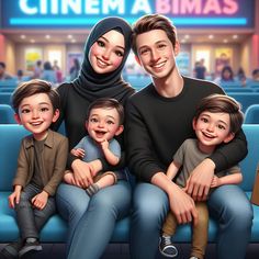 a family sitting on a blue couch in front of a movie theater with the caption cinema bimas