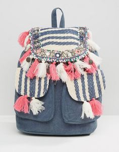 America & Beyond Mini-Tassel Backpack Beach Backpack, Denim Backpack, Potli Bags, Girly Bags, Boho Bags, Fashionista Clothes, Jeans Diy, Jeans Bag, Designer Shoulder Bags