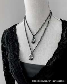 NEW DESIGN for 2023! Edgy, urban, modern. An exquisitely-faceted teardrop crystal pendant in dark, moody 'Silver Crystal Night' charcoal is suspended from a visually substantial, yet comfortably-lightweight, black diamond-cut aluminum chain. The jet-black aluminum links have flat, "cut-away" silver edges for unexpected shine + sparkle! Very unique + eye-catching! The back of this spectacular teardrop crystal is an opaque, dark metallic hematite color--reflective & moody! The teardrop pendant can Grey Jewelry, Modern Goth, Gray Jewelry, Black Tears, Black Night, Urban Modern, Goth Jewelry, Blackest Night, Teardrop Pendant