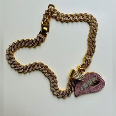 Rhinestone Pave On Gold Color Chain Link Necklace With Removable Pink Pave Lip Charm Pendant. Nwot Pink Heart-shaped Necklace With Rhinestones, Pink Crystal Jewelry With Diamond Accents, Pink Cubic Zirconia Rhinestone Necklace As Gift, Pink Heart-shaped Rhinestone Necklace, Pink Bling Necklace For Gift, Pink Rhinestone Necklace With Bling For Gift, Pink Rhinestone Bling Necklace For Gift, Pink Rhinestone Bling Necklace Gift, Pink Pendant Necklace With Chain