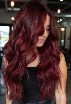 38 Dark Cherry Red Hairstyles That Look Stunning In Every Single Photo Dark Cherry Red Hair, Mahogany Highlights, Maroon Highlights, Dark Cherry Red, Red Hairstyles, Dark Red Hair Color, Red Hair With Highlights, Dark Red Hair