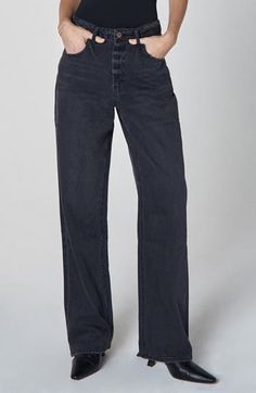 A baggy wide-leg silhouette lends laid-back charm to these high-waist jeans made from nonstretch denim in the perfect faded black wash. 32" inseam; 18" leg opening; 12 1/2" front rise; 15 1/2" back rise Zip fly with button closure Five-pocket style 100% cotton Machine wash, line dry Imported Chic Wide Leg Washed Black Flare Jeans, Chic Wide Leg Flare Jeans In Washed Black, Black Flare Jeans For Spring Everyday Wear, Relaxed Fit Washed Black Full Length Flare Jeans, Relaxed Fit Full Length Washed Black Flare Jeans, Washed Black Relaxed Fit Flare Jeans, Black High Waist Relaxed Fit Flare Jeans, Washed Black Relaxed Fit Full Length Flare Jeans, Black Flare Jeans For Everyday Fall Wear