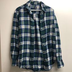 Gap New Green And Blue Flannel All Tags Attached Extra Small But Oversized Could Fit Larger Classic Blue Flannel Tops, Blue Flannel Button-up Top, Gap Blue Long Sleeve Shirt, Blue Long Sleeve Gap Shirt, Green Casual Flannel Tops, Blue Flannel, New Green, Green And Blue, Plaid Flannel