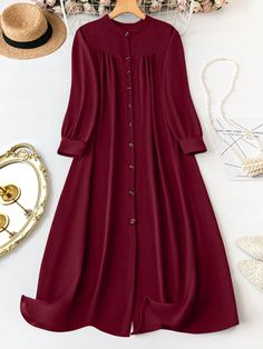 Plus Size Women's Solid Color Loose Fit Casual Long Sleeve One-Button Dress For Spring And Summer Burgundy Casual  Long Sleeve Woven Fabric Plain Smock Non-Stretch  Women Plus Clothing, size features are:Bust: ,Length: ,Sleeve Length: Solid Color Long Sleeve Midi Dress With Buttons, Solid Buttoned Dresses For Fall, Buttoned Dresses For Fall, Solid Fall Dress With Buttons, Fall Solid Color Dress With Buttons, Fall Solid Color Buttoned Dresses, Solid Knee-length Dress With Button Closure, Single-breasted Solid Dress, Solid Color Dresses With Button Cuffs For Daywear