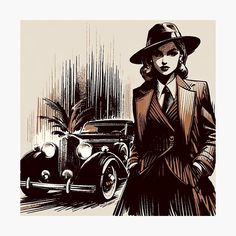 a drawing of a woman in a suit and hat next to an old fashioned car