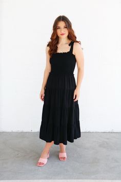 Cute mid calf length tiered black dress with a smock top and adjustable tie straps Black Sundress Outfit, Black Spring Dress, Strap Dress Outfit, Sorority Clothes, Tie Strap Dress, Sports Banquet, Black Tiered Dress, Black Summer Dress, Sundress Outfit