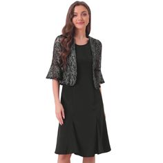 Outerwear: 65% Cotton, 35% Polyester; Dress: 100% Polyester. The draped cut and shiny lace fabric design, create a stylish look, a must-have in any woman's wardrobe. The lace-cropped shrug cardigan adds a touch of elegance to your outfit. It is crafted with delicate lace detailing, the cropped length adds a modern twist and allows the dress underneath to be showcased. The sleeveless midi dress is a classic piece that exudes chic, the sleeveless design keeps you cool during warmer seasons while allowing for easy layering with the shrug cardigan. Sleeveless Lace Patchwork Dress For Gala, Fitted Lace Dress With Patchwork For Gala, Fitted Sleeveless Lace Dress For Gala, Black Lace Patchwork Dress For Gala, Black Fitted Dress For Wedding Guest, Sleeveless Formal Lace Dress, Sleeveless Lace Formal Dress, Fitted Lace Dress With Lace Patchwork For Evening, Fitted Lace Dress With Lace Patchwork For Wedding Guests