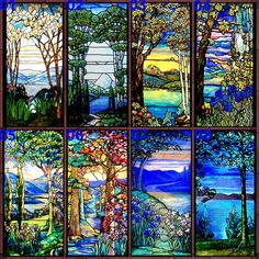 six stained glass windows with trees and water in the background, all depicting different scenes