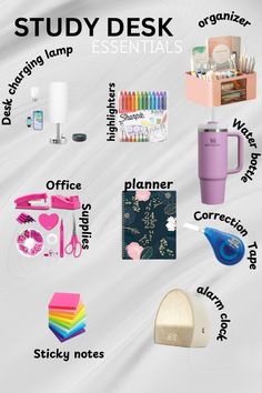 a poster with the words study desk essentials and other things to include in it