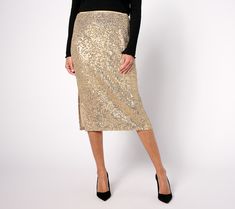 Shimmer and shine as you dance the night away in this pencil skirt. You'll look oh-so elegant when you wear this sequined stunner to that special event on your social calendar. From Susan Graver. Sequin Pencil Skirt Outfit, Social Calendar, Sequin Pencil Skirt, Sequin Midi Skirt, Pencil Skirt Outfits, Shimmer And Shine, Susan Graver, Shimmer N Shine, Midi Skirt Pencil