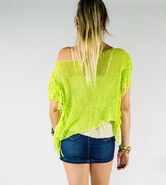 Short Sleeve Knit Sweater Shirt in Neon Green, Thin Knit Sweater Off one Shoulder Hippie Crop Top, Casual Boho Clothing for Women, by myAqua Green Sweater Dress, Festival Outfits Women, Boho Style Outfits, Loose Knit Sweaters, Chic Clothing