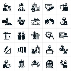 black and white icons depicting people working in the factory, construction site and other things