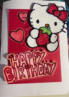 a hello kitty birthday card with the words happy birthday written in red and pink on it