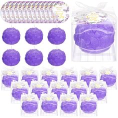 12 purple soap balls in plastic packaging with 10 packs of each one on the side