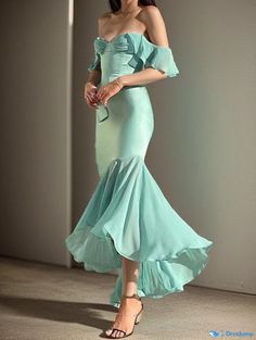 Orcajump - Slim-Fit Lotus Leaf Shoulder Snow Silk Chiffon Dress with Irregular Hemline, Enhancing Bust Display Garden Formal, Silk Chiffon Dress, Lotus Leaves, Petal Sleeve, Lotus Leaf, Formal Gown, Silk Chiffon, Formal Gowns, Three Quarter Sleeves