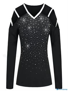 Orcajump - Plus Size Casual T-shirt, Women's Plus Glitter Star & Dot Print Cold Shoulder Long Sleeve V Neck Medium Stretch T-shirt Fitted Glitter Tops For Winter, Black Stretch Top With Star Print, Fitted Long Sleeve Tops With Star Print, Fitted Long Sleeve Glitter Top, Black Stretch Top With Glitter, Black Glitter Stretch Top, Black Glitter Print Party Top, Winter Crew Neck Top With Glitter Print, Winter Glitter Print Crew Neck Top