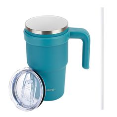 a blue coffee mug with a straw in it and the lid opened to show its inner compartment