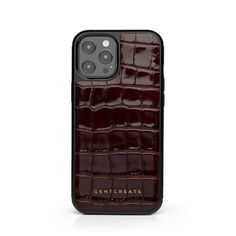 an iphone case with the name gentrolate on it in red crocodile leather and gold lettering