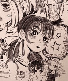 an image of some anime characters with their faces drawn in pencil and ink on paper