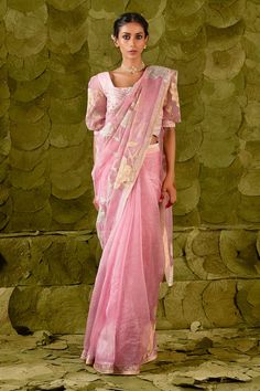 Begonia pink saree in checked organza, Karnataka silk, and Kanjeevaram tissue base embellished with silk tape, applique, and sequin work. Comes with floral embroidered blouse. - Aza Fashions Elegant Pink Chanderi Blouse Piece, Elegant Pink Chanderi Saree, Elegant Pink Pre-draped Saree With Zari Weaving, Fitted Cotton Silk Pre-draped Saree, Pink Sheer Dupatta Traditional Wear In Organza, Elegant Pink Chanderi Pre-draped Saree, Pink Tissue Silk Pre-draped Saree With Unstitched Blouse, Pink Pre-draped Tissue Silk Saree With Unstitched Blouse, Cotton Silk Pre-draped Saree For Reception