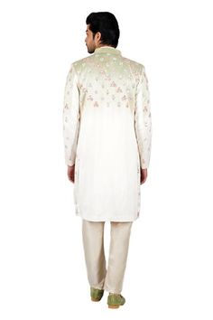 Pista and beige ombre italian cotton sherwani with sequins embroidery. Comes with aligadi pant and a kurta. - Aza Fashions Wedding Cotton Sherwani With Mirror Work, Cotton Sherwani With Mirror Work For Wedding, Cream Cotton Sherwani With Resham Embroidery, Mithila Palkar, Dia Mirza, Adah Sharma, Diana Penty, Eid Party, Kareena Kapoor Khan