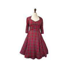 Beautiful 1950's inspired  tartan dress. Expertly made and finished to a high standard.  Diamond neckline, fitted midriff with 3/4 length sleeves and a full circle skirt! Lined bodice with a back zipper fastening. Made from stunning quality poly/viscose mix medium weight tartan fabric in Royal Stewart red or Black Watch emerald.  Length is 25" from waist. Message for an alternative length or fabric option.                UK sizes & measurements     Bust-Waist- size 6 ~   31-24-33" size8  ~    32 Red Tartan Dress, Edwardian Gowns, Scottish Dress, Hair Snood, Tartan Fabric, Tartan Dress, Dress Order, Full Circle Skirts, Red Tartan