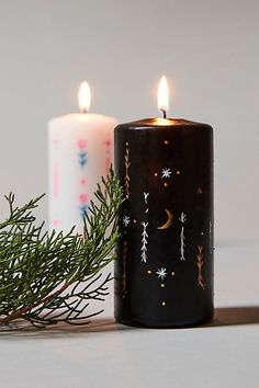 two lit candles sitting next to each other