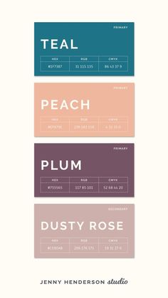 Brand Color Palette with feminine aesthetic featuring teal, peach, plum and dusty rose hues. Desain Ux, Color Palette Brand, Feminine Brand, Hue Color, Color Schemes Colour Palettes