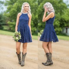 two images of a woman in a blue dress and cowboy boots standing on dirt road