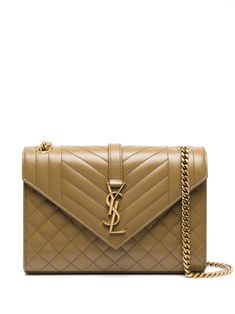 brown calf leather quilted gold-tone hardware monogram plaque foldover top with magnetic fastening sliding chain-link shoulder strap main compartment Small Envelopes, Yves Saint Laurent Bags, Designer Shoulder Bags, Saint Laurent Bag, Small Shoulder Bag, Chain Shoulder Bag, Quilted Leather, Satchel Bags, Shoulder Pads