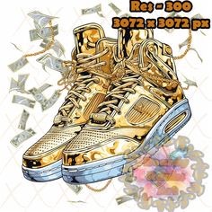 a pair of gold sneakers with money falling out of them and the words re - 800 on it