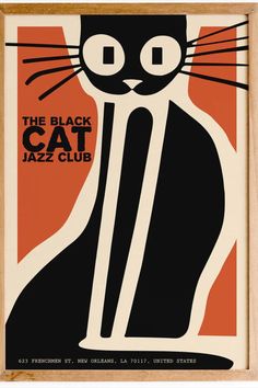 the black cat jazz club poster is displayed in a wooden frame with an orange background