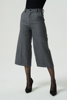 Handmade wool pants #xiaolizi #handmade #womenfashion Elegant Plaid Wide-leg Pants, Gray Wide Leg Pants For Winter, Gray Full Length Wide Leg Pants For Fall, Black Wide Leg Bottoms With Houndstooth Pattern, Chic Plaid Wide Leg Pants, Wool Wide Leg Pants For Office, Winter Plaid Wide Leg Bottoms, Chic Gray Wide Leg Pants For Fall, Wide-leg Plaid Pants With Houndstooth Pattern